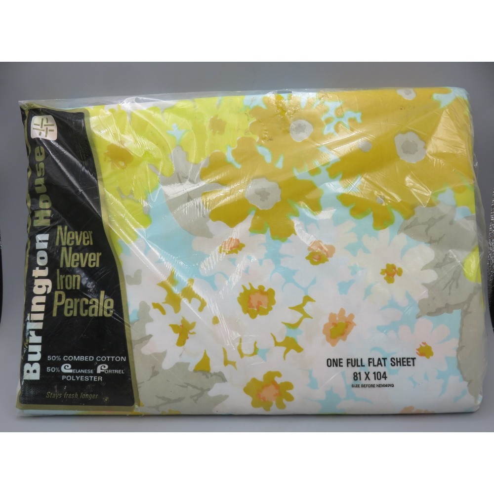 Vintage Burlington House Capri Full Flat Sheet Yellow Floral Percale MCM 70s NOS